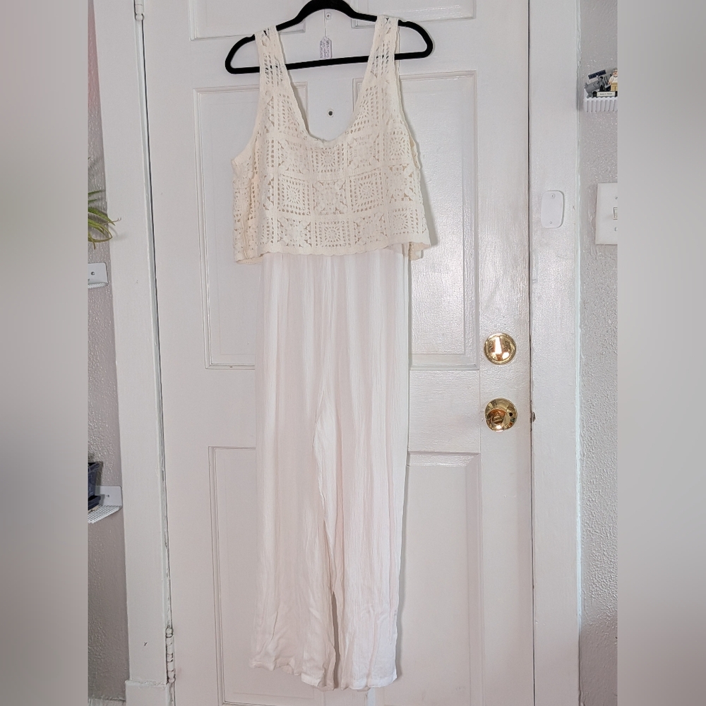 Three Dots Crochet Overlay Wide Leg Jumpsuit Cream Boho Size Large - Picture 4 of 7